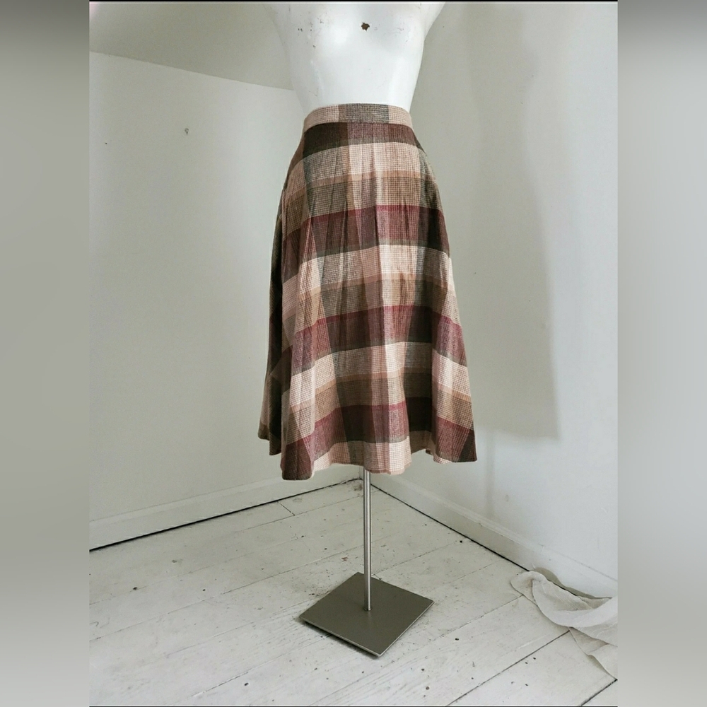 70s Brown Neutral Plaid Midi Skirt 25" waist
